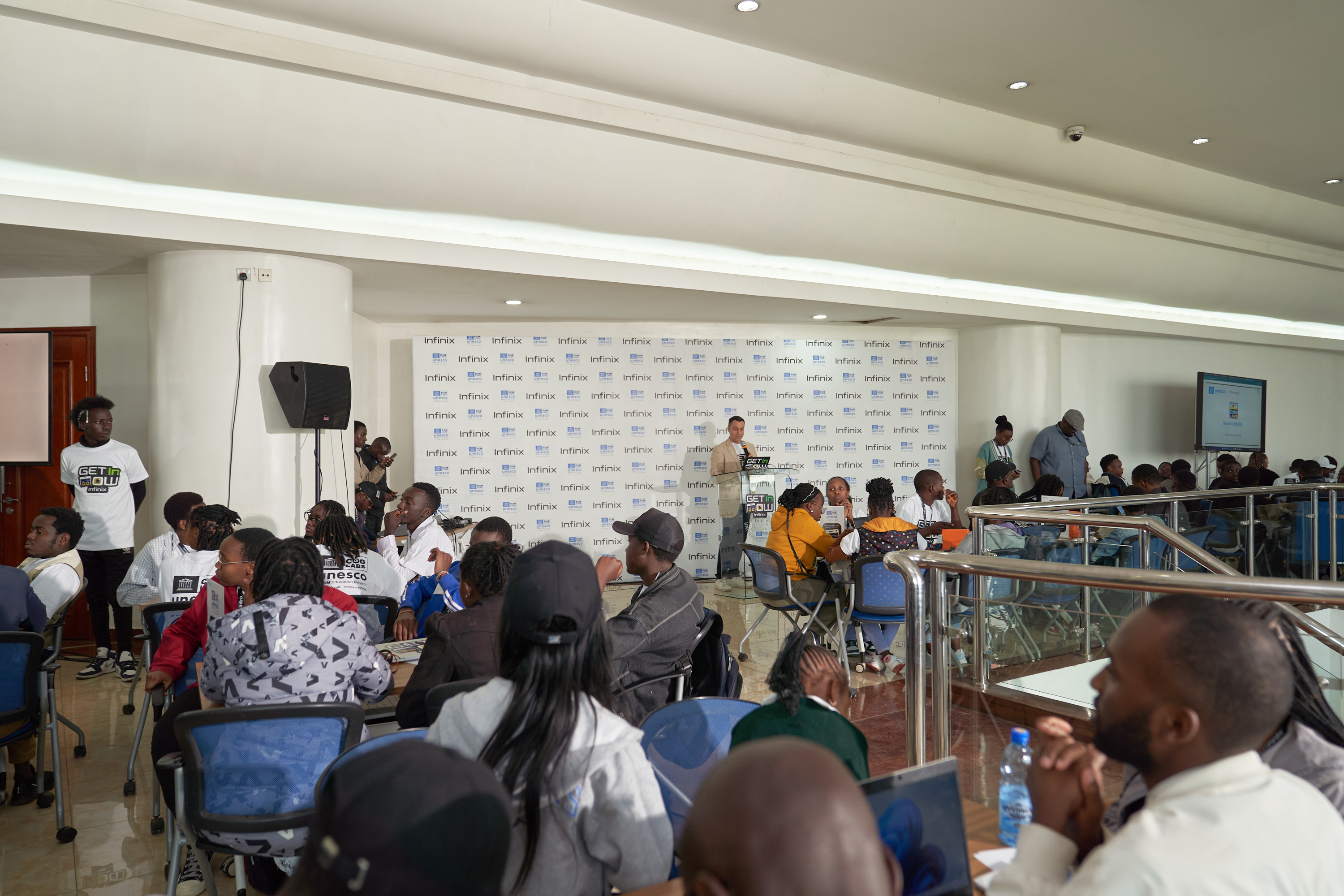 A group of students with their finished robots